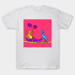 Medieval Rabbits Tickling a Person Bad Weird 90's Colorful Retro Art T-Shirt